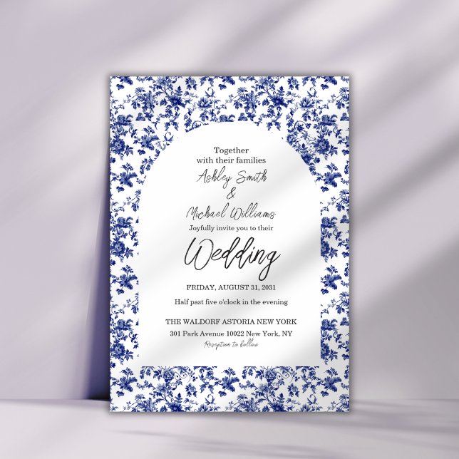 Convite Casamento Floral Floral Azul Elegante Toile De Jou (Criador carregado)
