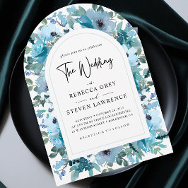 Convite Casamento floral floral branco azul-poeirento prim