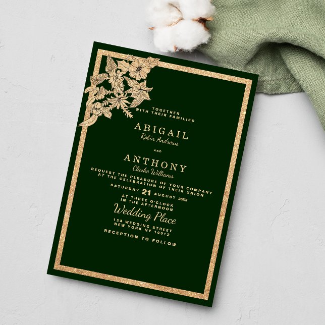 Convite Casamento floral floral com brilho verde-escuro da (Chic dark forest green gold glitterChic dark forest green gold glitter fl floral Wedding Invitation )