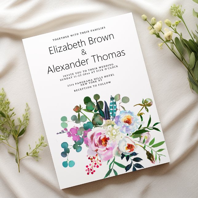 Convite Casamento floral floral de pénia verde-rosa-branca (White pink teal green peony floral boho wedding)