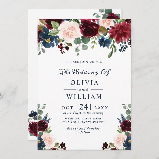 Convite Casamento Floral Floral Marinho Azul Blush Waterco (Frente/Verso)