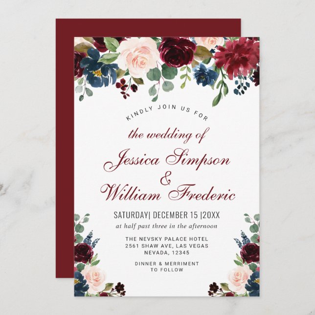 Convite Casamento Floral Floral Marinho Azul Blush Waterco (Frente/Verso)