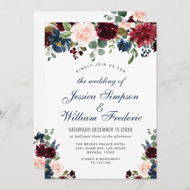 Convite Casamento Floral Floral Marinho Azul Blush Waterco (Frente/Verso)