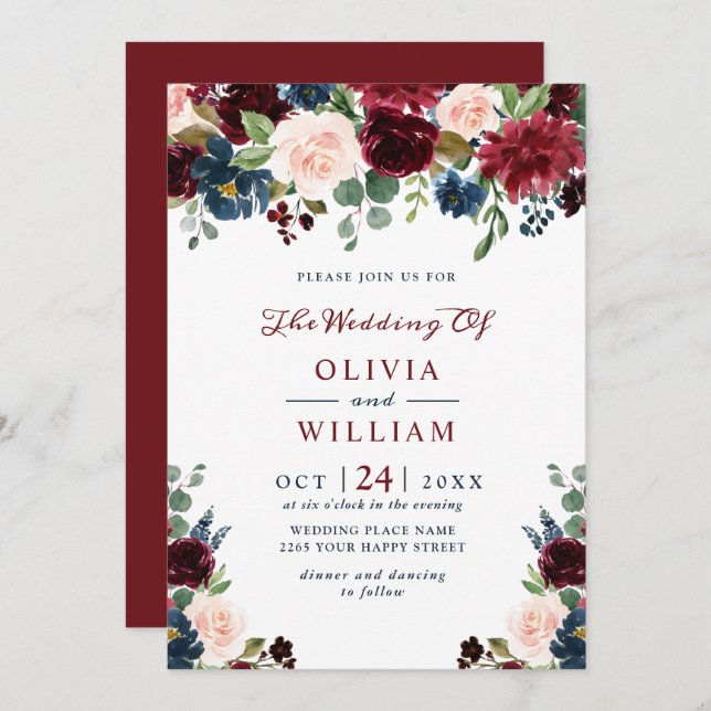 Convite Casamento Floral Floral Marinho Azul Blush Waterco (Frente/Verso)