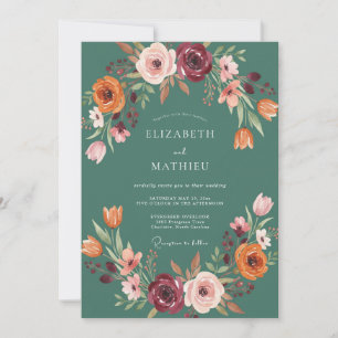 Convite Casamento Floral Florescente de Outono em Verde-az