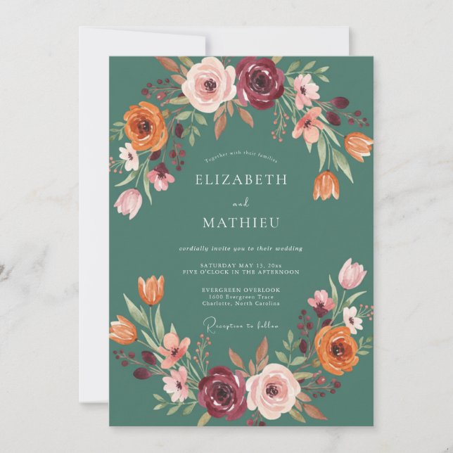 Convite Casamento Floral Florescente de Outono em Verde-az (Frente)