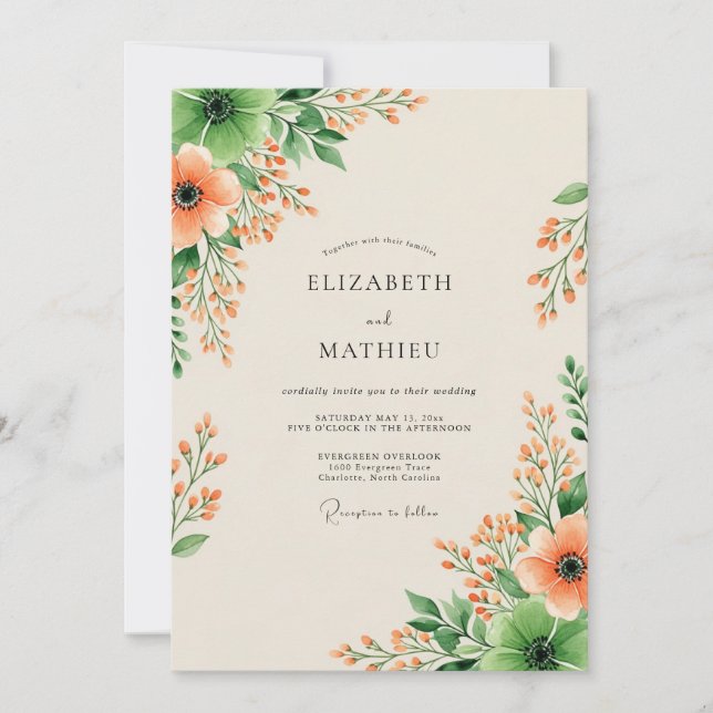 Convite Casamento Floral Florescente de Pêssego (Frente)