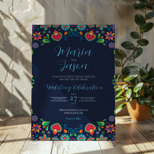 Convite Casamento Floral Folclórico do Marinho Azul Vintag