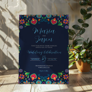 Convite Casamento Floral Folclórico do Marinho Azul Vintag