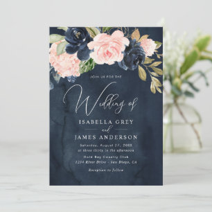 Convite Casamento Floral Folhagem Azul Elegante Rosa