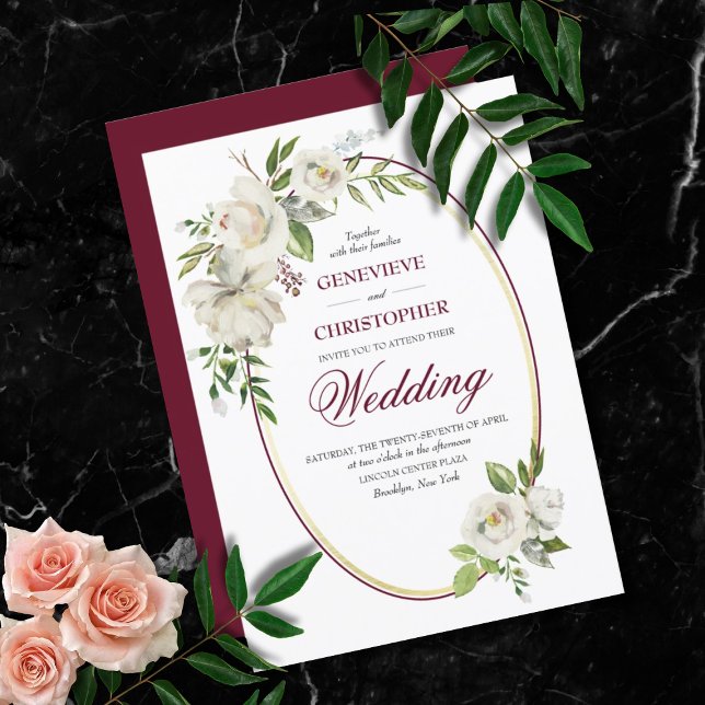 Convite Casamento Floral Formal de Rosa Branca (Formal Burgundy White Rose Floral Botanical Wedding Invitation)