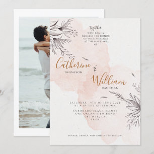 Convite Casamento Floral Foto de Pêssego Corado Elegante