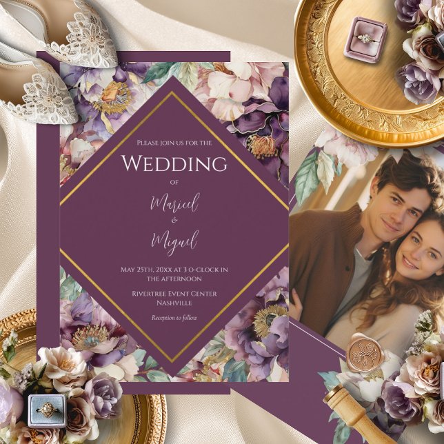 Convite Casamento Floral Foto Moderna de Povos Roxos (Criador carregado)