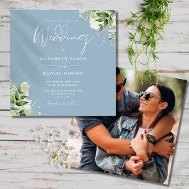Convite Casamento Floral Foto Quadrada em Azul Poeirento e
