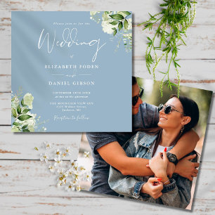 Convite Casamento Floral Foto Quadrada em Azul Poeirento e