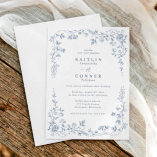 Convite Casamento Floral Francês Azul Empoeirado Vintage E
