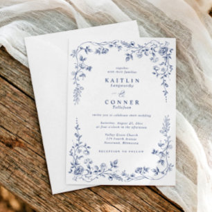 Convite Casamento Floral Francês Azul-Marinho Vintage Eleg