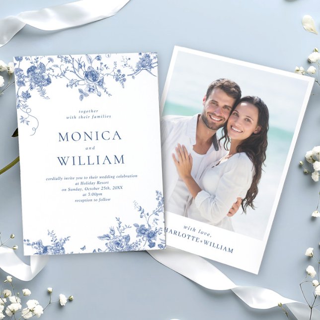 Convite Casamento Floral Francês Azul Vitoriano Elegante (Criador carregado)
