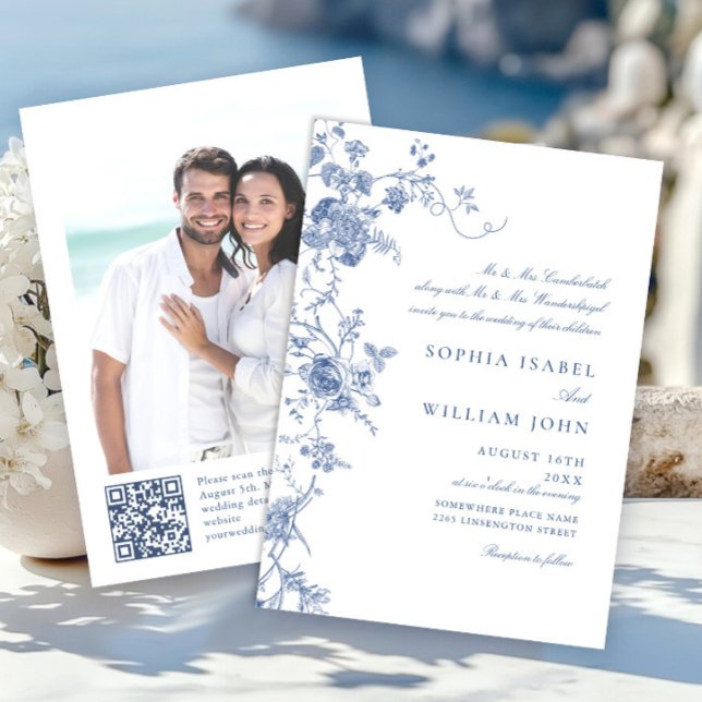 Convite Casamento Floral Francês Azul Vitoriano Elegante (Criador carregado)