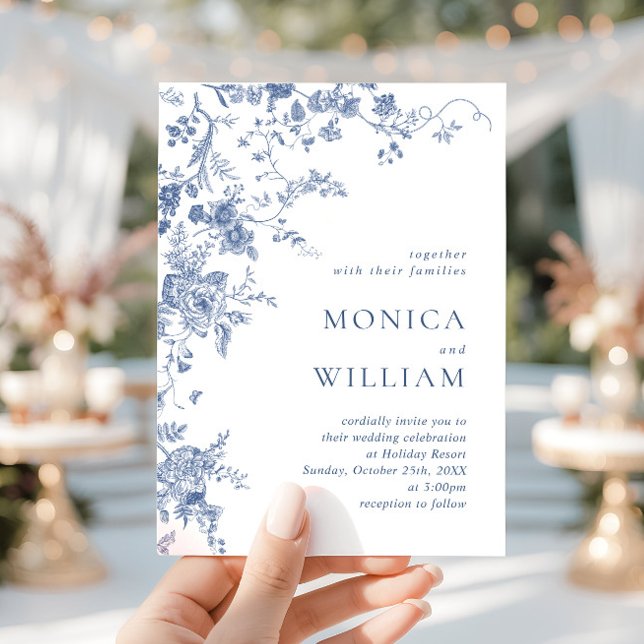 Convite Casamento Floral Francês Azul Vitoriano Elegante (Criador carregado)