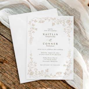 Convite Casamento Floral Francês Bege Vintage em Renda