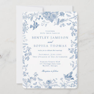Convite Casamento Floral Francês Blue Toile De Jouy