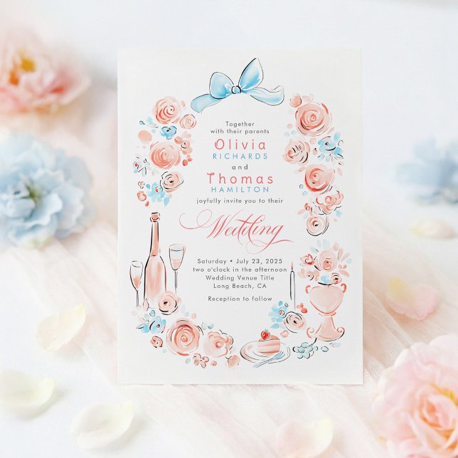 Convite Casamento Floral Francês Caprichoso à Mão (Dusty Blue and Pink Floral Whimsical Wedding Invitation)