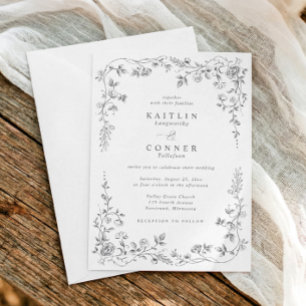 Convite Casamento Floral Francês Cinza Prata Vintage Elega