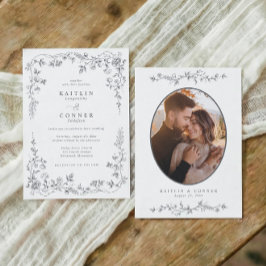 Convite Casamento Floral Francês Cinza Prata Vintage Foto