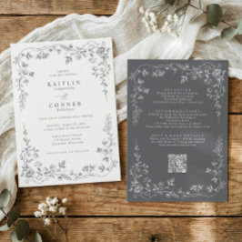 Convite Casamento Floral Francês Cinza Vintage Tudo em Um