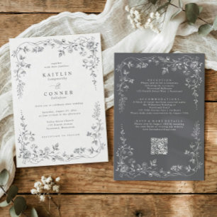 Convite Casamento Floral Francês Cinza Vintage Tudo em Um