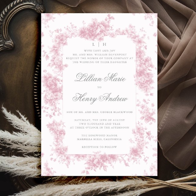 Convite Casamento Floral Francês de Toile Rosa-Rosa-Jardim (vintage garden wedding invitation pink toile french roses floral botanical old money elegant formal)