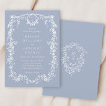 Convite Casamento Floral Francês Dusty Blue Elegant<br><div class="desc">O convite de casamento de quadro floral azul elegante com um crista floral e monogramas no fundo. Para uma personalização mais avançada deste design,  clique no BOTÃO DE FERRAMENTAS DESIGN acima!</div>