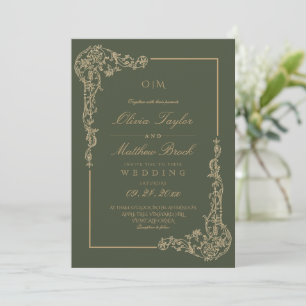 Convite Casamento Floral Francês Elegante em Verde Salvia