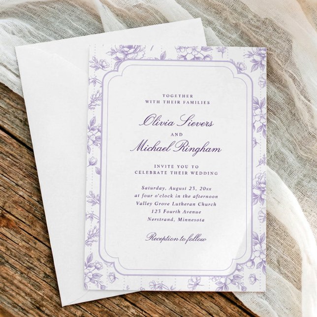 Convite Casamento Floral Francês em Tonalidade Lavanda Ant (Lavender wedding invitation with vintage frame and French floral design)