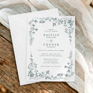 Convite Casamento Floral Francês Esmeralda Vintage