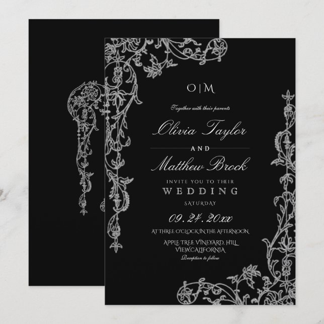 Convite Casamento Floral Francês Preto e Branco (Frente/Verso)