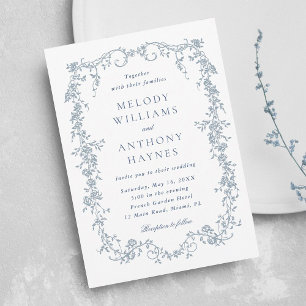 Convite Casamento Floral Francês Romântico Azul Empoeirado