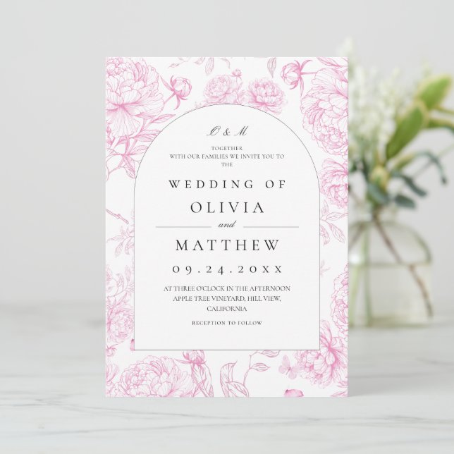 Convite Casamento Floral Francês Rosa Clássico (Em pé/Frente)