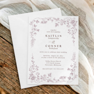 Convite Casamento Floral Francês Rosa Mauve Vintage