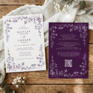 Convite Casamento Floral Francês Roxo Escuro Vintage