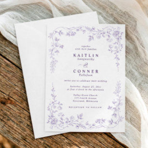 Convite Casamento Floral Francês Roxo Lavanda Vintage