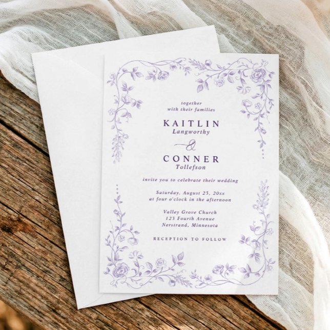Convite Casamento Floral Francês Roxo Lavanda Vintage (Lavender light purple French floral wedding invitation with chinoiserie and Victorian toile details)