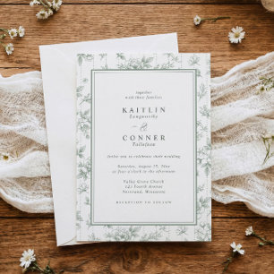 Convite Casamento Floral Francês Verde Salvia Vintage