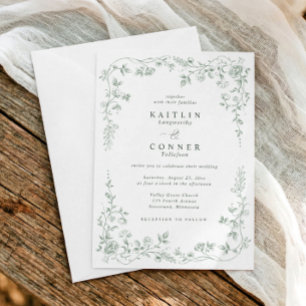 Convite Casamento Floral Francês Verde Salvia Vintage Eleg