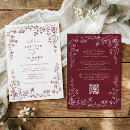 Convite Casamento Floral Francês Vermelho Bordeaux Antigo