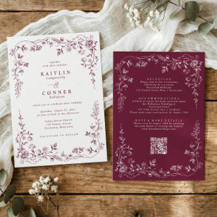 Convite Casamento Floral Francês Vinho Tinto Escuro Vintag