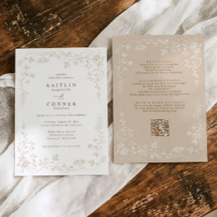Convite Casamento Floral Francês Vintage Bege Tudo em Um