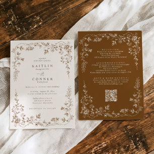 Convite Casamento Floral Francês Vintage em Marrom e Creme