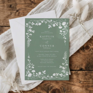 Convite Casamento Floral Francês Vintage em Verde Sage Ele